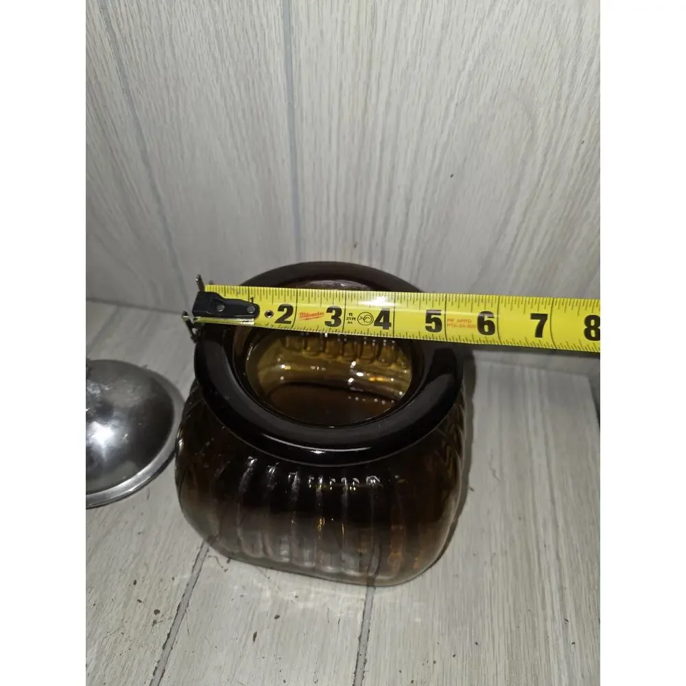 Vintage Artland Ribbed Glass Canister Jar 10” Amber Brown Pewter Lid Apothecary